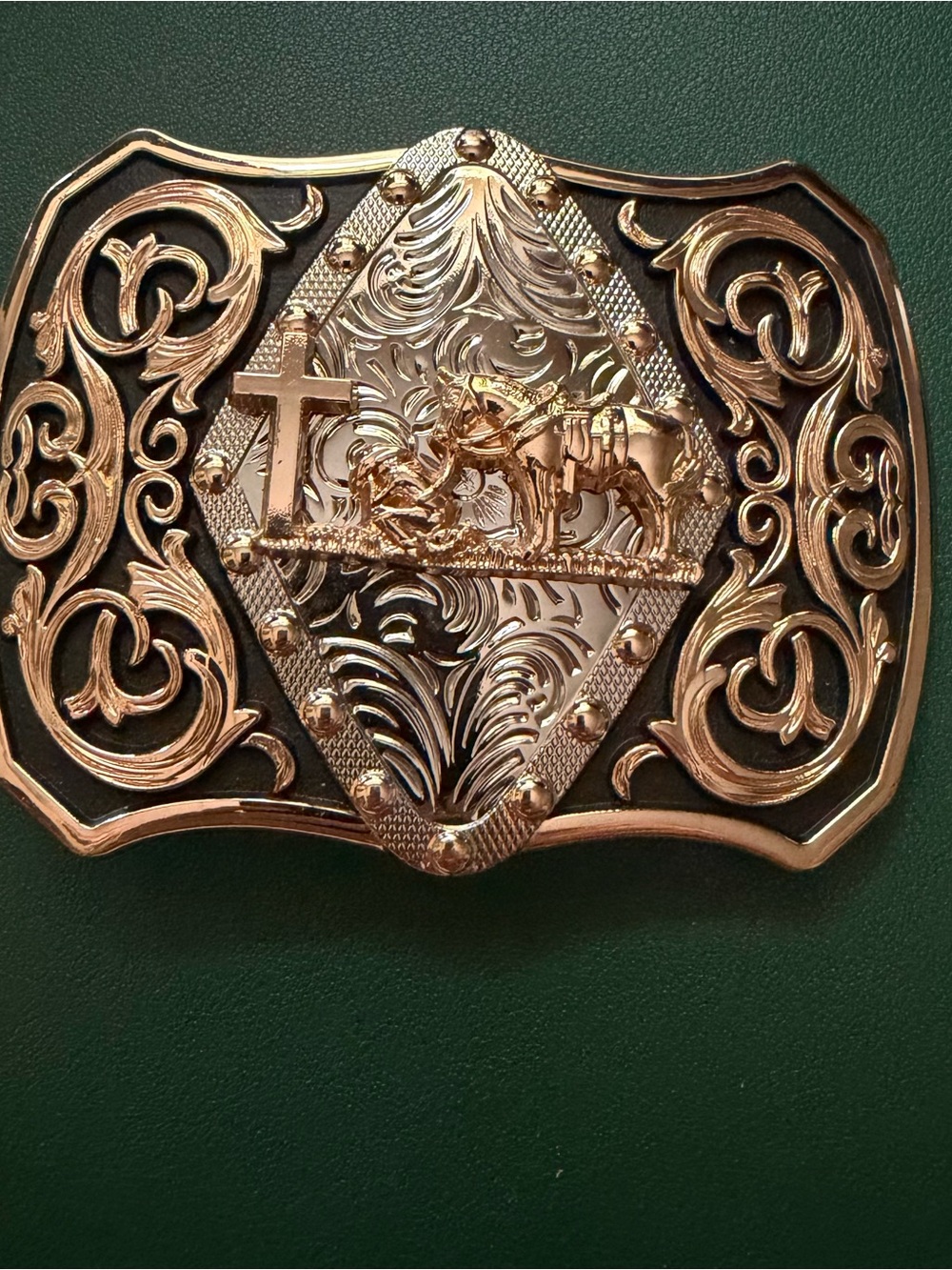 Gold Western Praying Cowboy Belt Buckle with Cross and Horse Rider